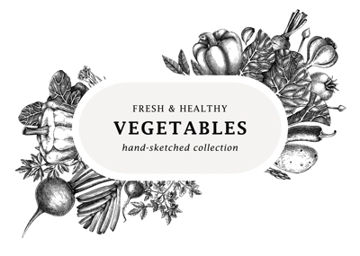 Hand-sketched vegetables design. Hand-drawn tomatoes, squashes, peppers, potatoes, asparagus and other vegetables. Healthy food banner for menu, restaurant, packaging, labels. Botanical illustration